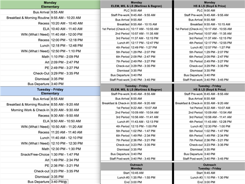 Whaley and Outreach Bell Schedule